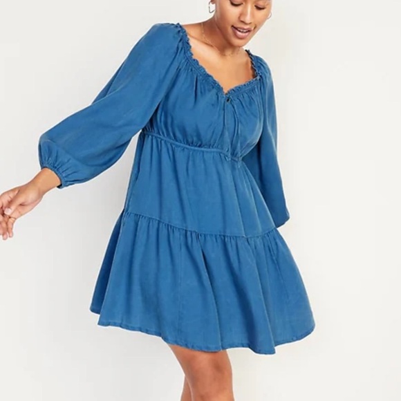 Old Navy womens 2X blue Tencel Lyocell Ruffle chambray dress milkmaid boho - Picture 1 of 11